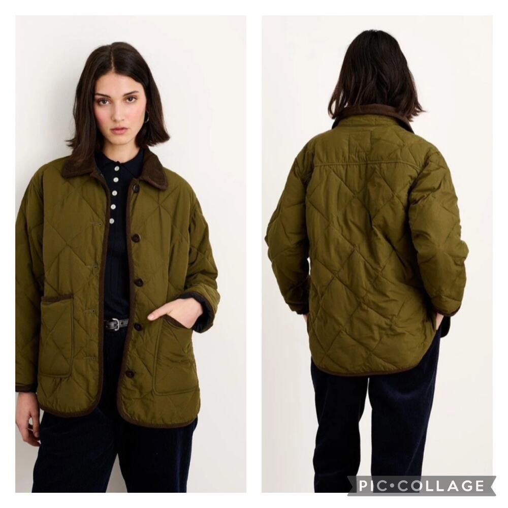 Alex Mill Quinn Quilted Nylon Jacket Olive Green Size Medium Corduroy Collar - Picture 1 of 9